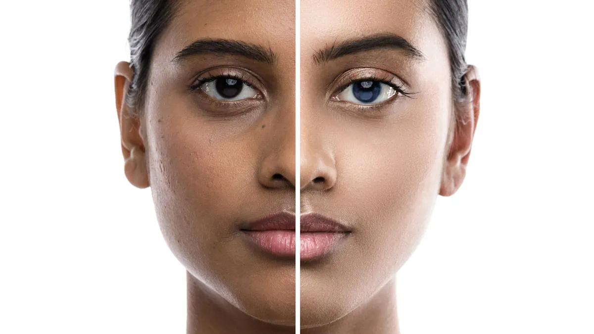 Woman facial skin radiance comparison.